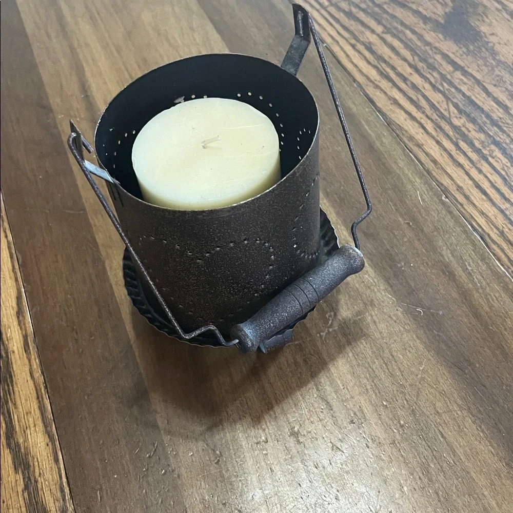 Tin primitive Rustic Metal Candle Holder with Cream Candle